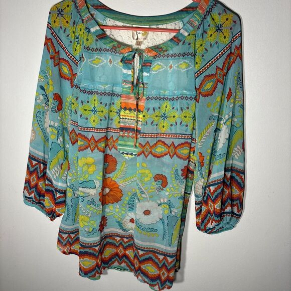 Anthropologie Fig and Flower Semi Sheer Floral Aztec Lace Blouse 1X Blouse/top - Picture 2 of 13